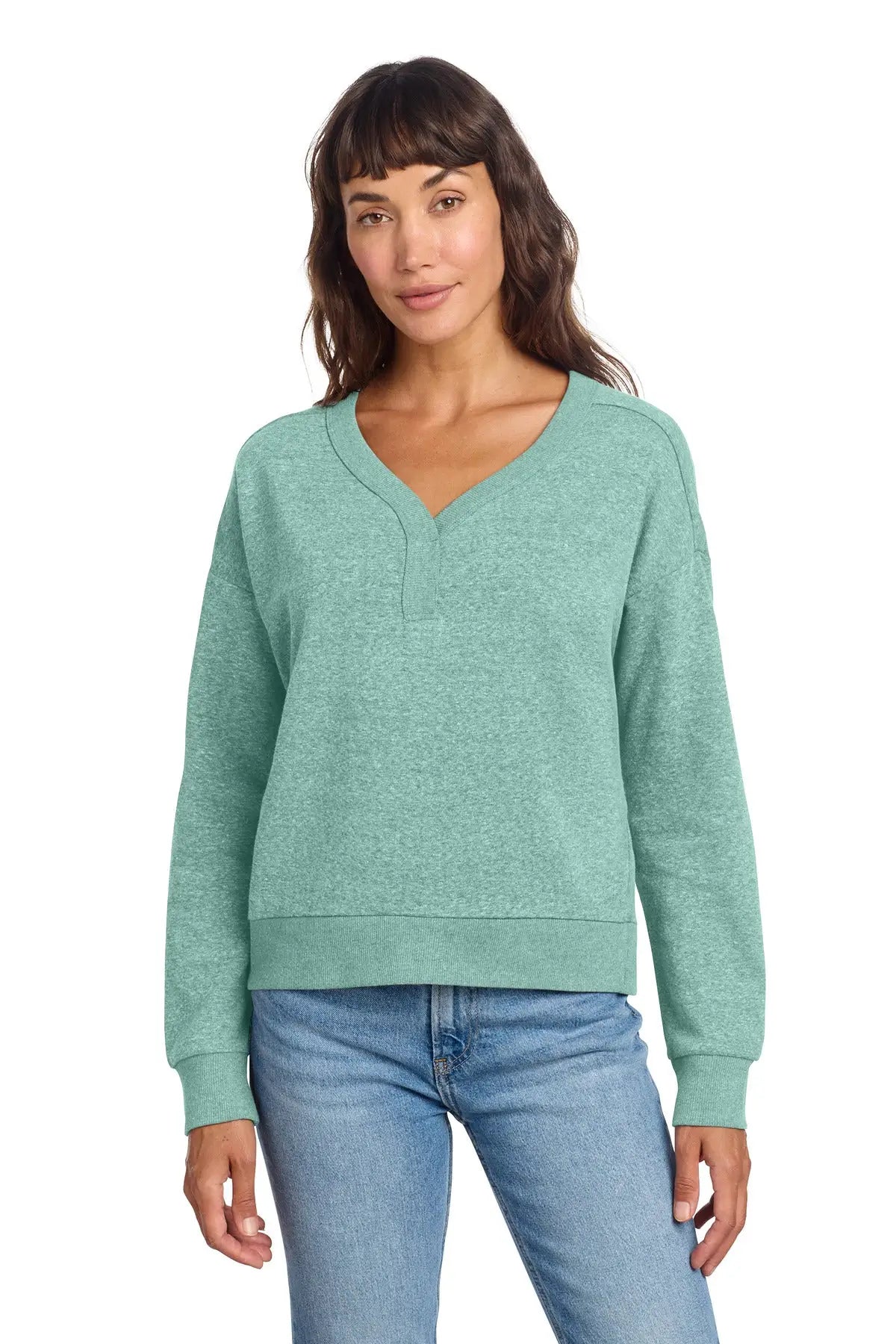 District Dt1312 Women’s Perfect Tri Fleece V-neck Sweatshirt - Heathered Eucalyptus Blue - Adult Xs