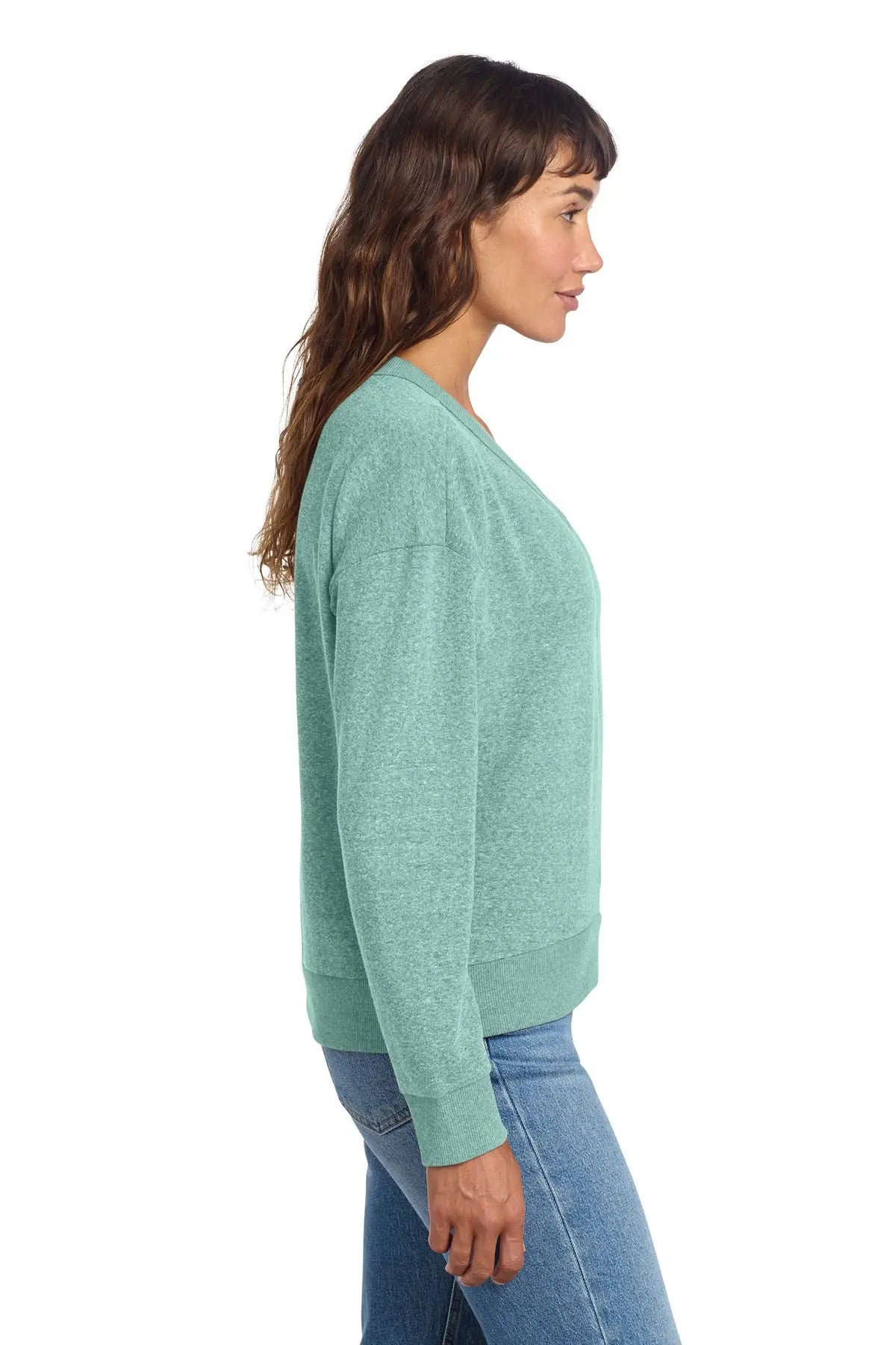 District Dt1312 Women’s Perfect Tri Fleece V-neck Sweatshirt - Heathered Eucalyptus Blue