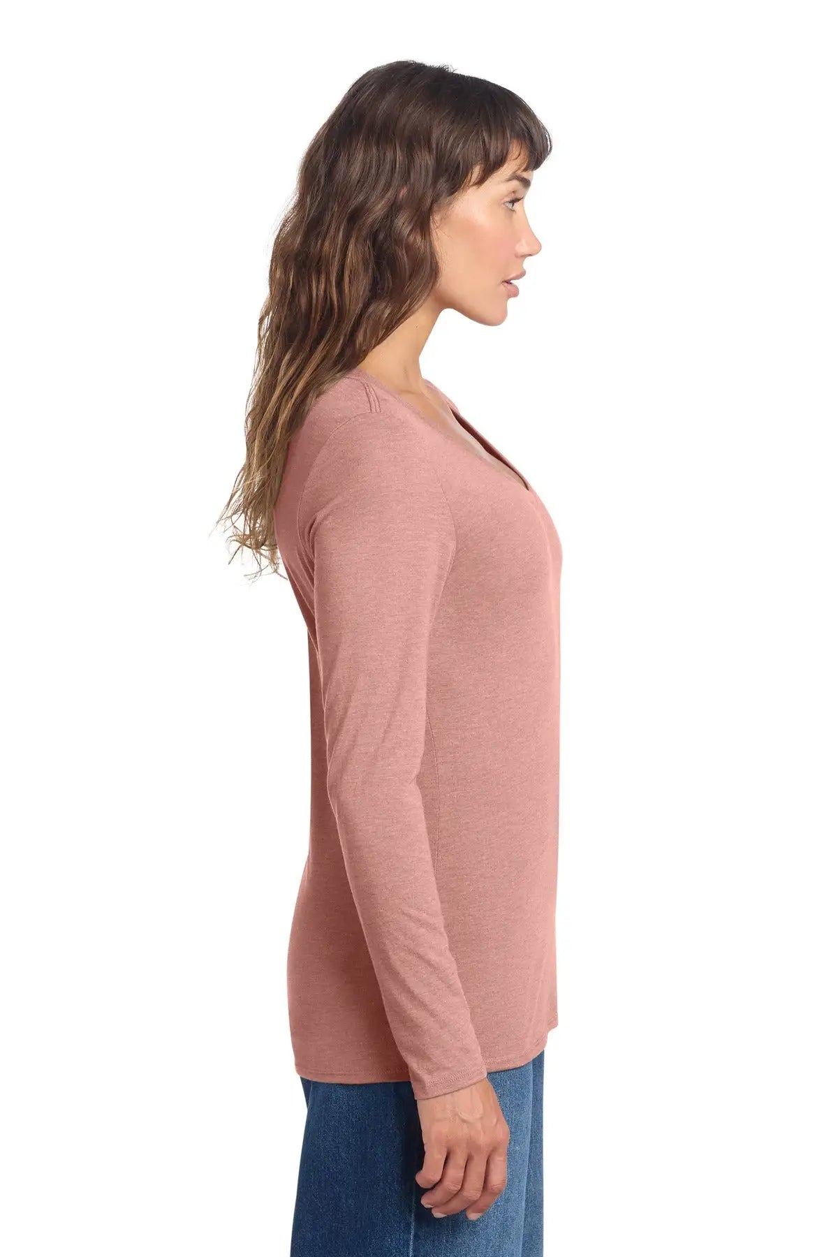 District Dt135 Women’s Perfect Tri Long Sleeve V-neck Tee - Blush Frost