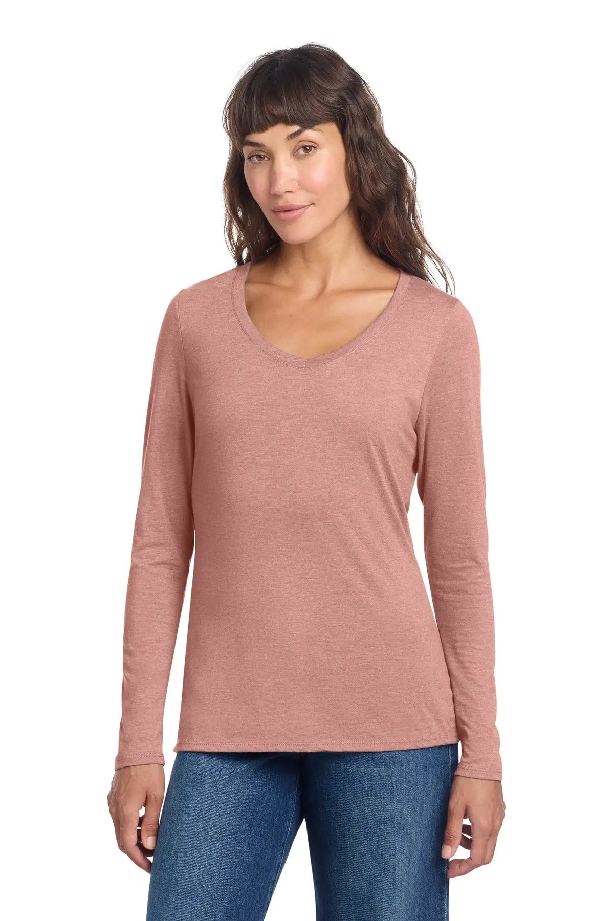 District Dt135 Women’s Perfect Tri Long Sleeve V-neck Tee - Blush Frost - Ladies Xs