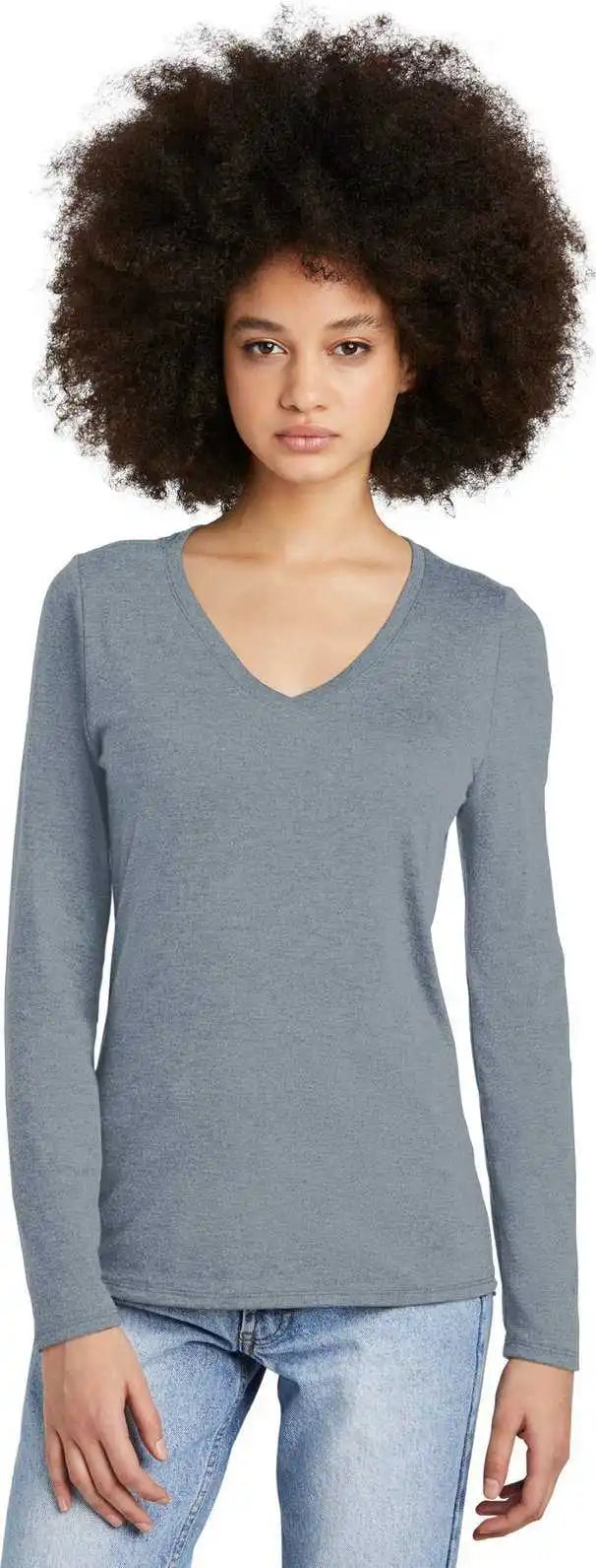 District Dt135 Women’s Perfect Tri Long Sleeve V-neck Tee - Flint Blue Heather