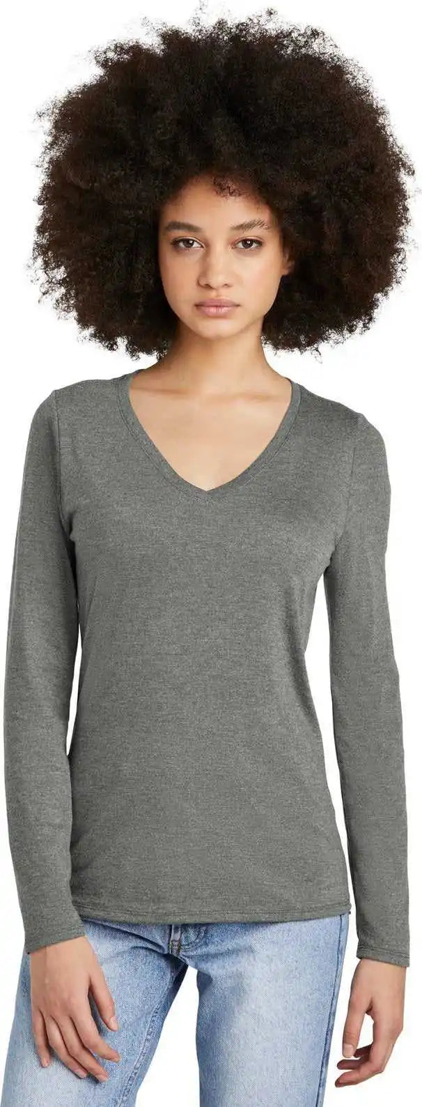 District Dt135 Women’s Perfect Tri Long Sleeve v Neck Tee Heathered Charcoal