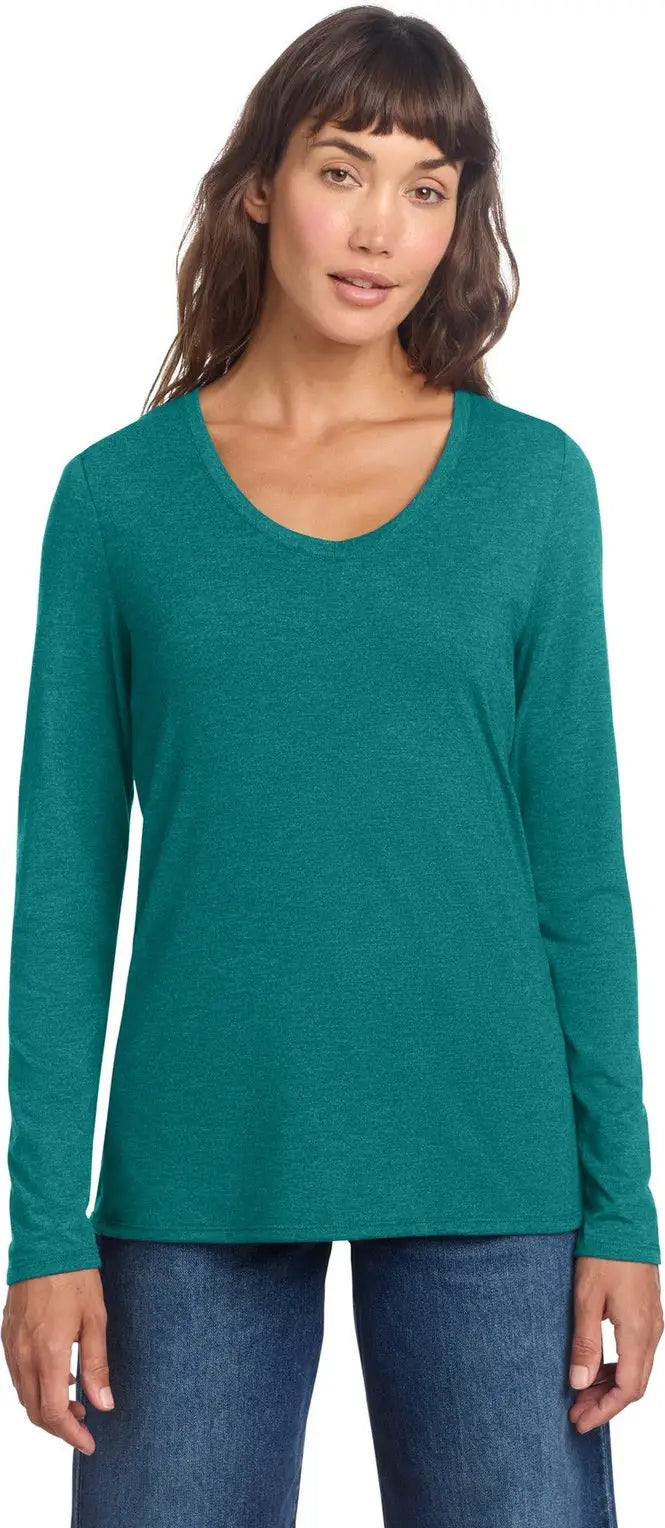 District Dt135 Women’s Perfect Tri Long Sleeve V-neck Tee - Heathered Teal - Ladies Xs