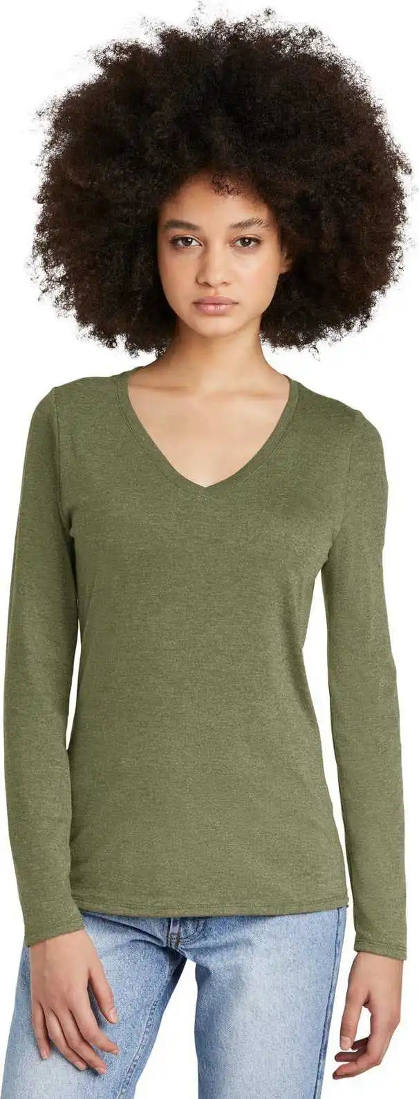 District Dt135 Women’s Perfect Tri Long Sleeve V-neck Tee - Milgrnfst