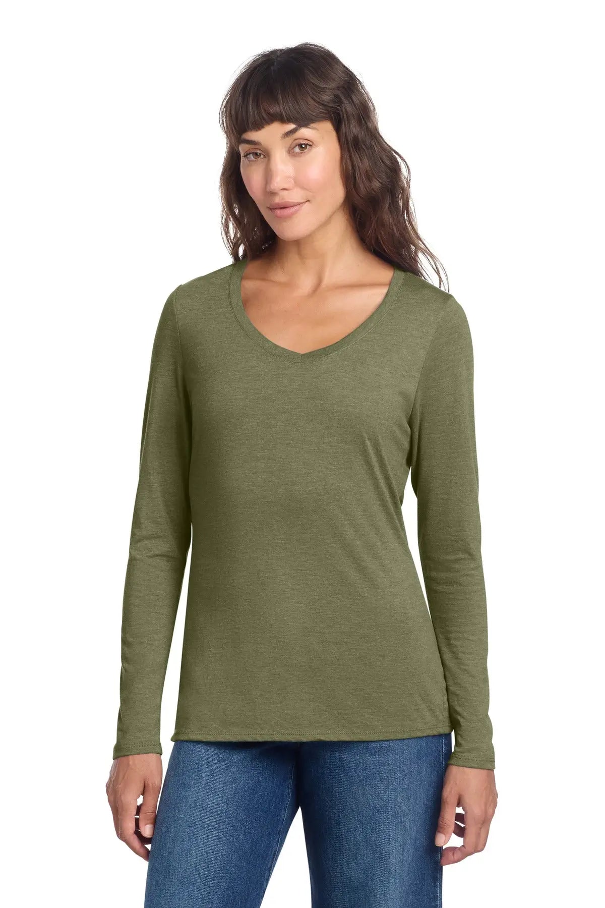 District Dt135 Women’s Perfect Tri Long Sleeve V-neck Tee - Military Green Frost - Ladies Xs