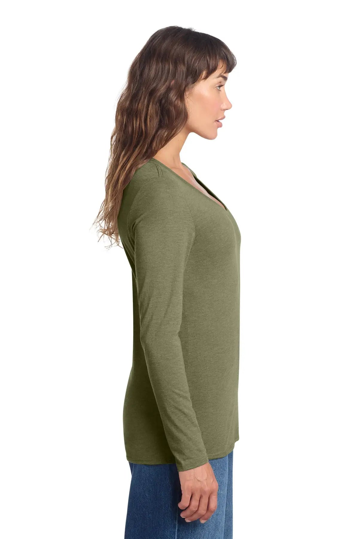 District Dt135 Women’s Perfect Tri Long Sleeve V-neck Tee - Military Green Frost