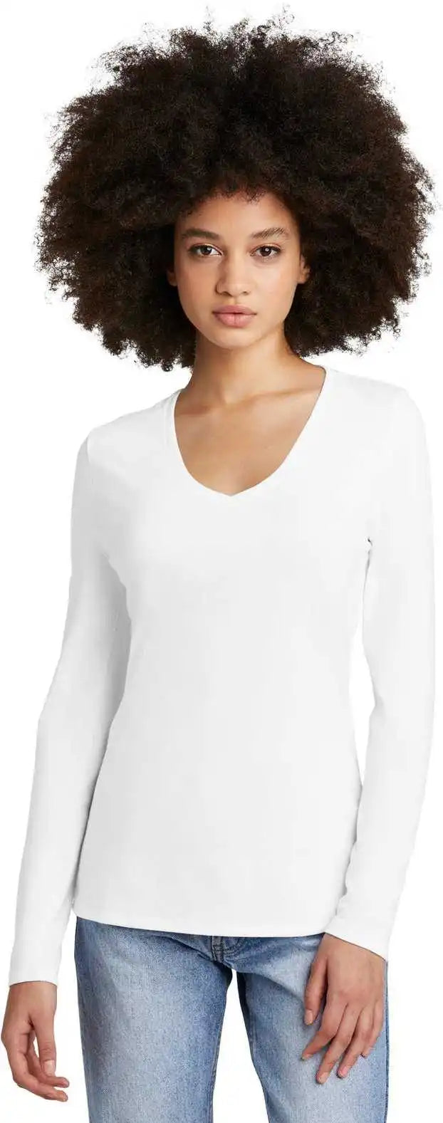 District Dt135 Women’s Perfect Tri Long Sleeve V-neck Tee - White