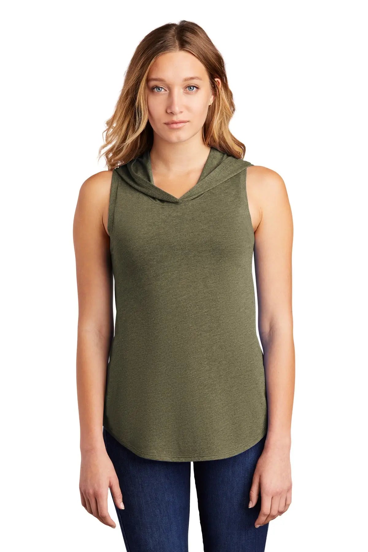 District Dt1375 Women’s Perfect Tri Sleeveless Hoodie - Military Green Frost