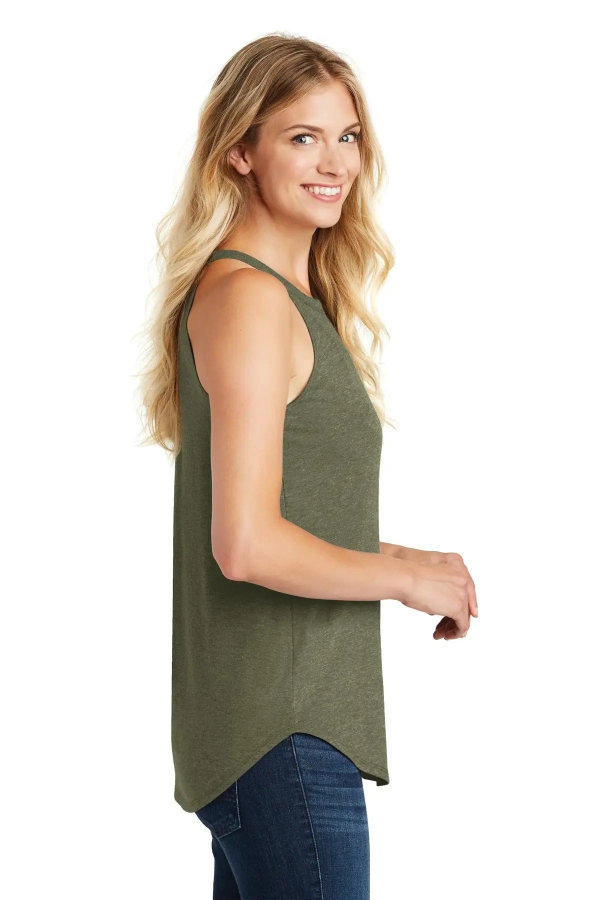 District Dt137l Women’s Perfect Tri Rocker Tank - Military Green Frost