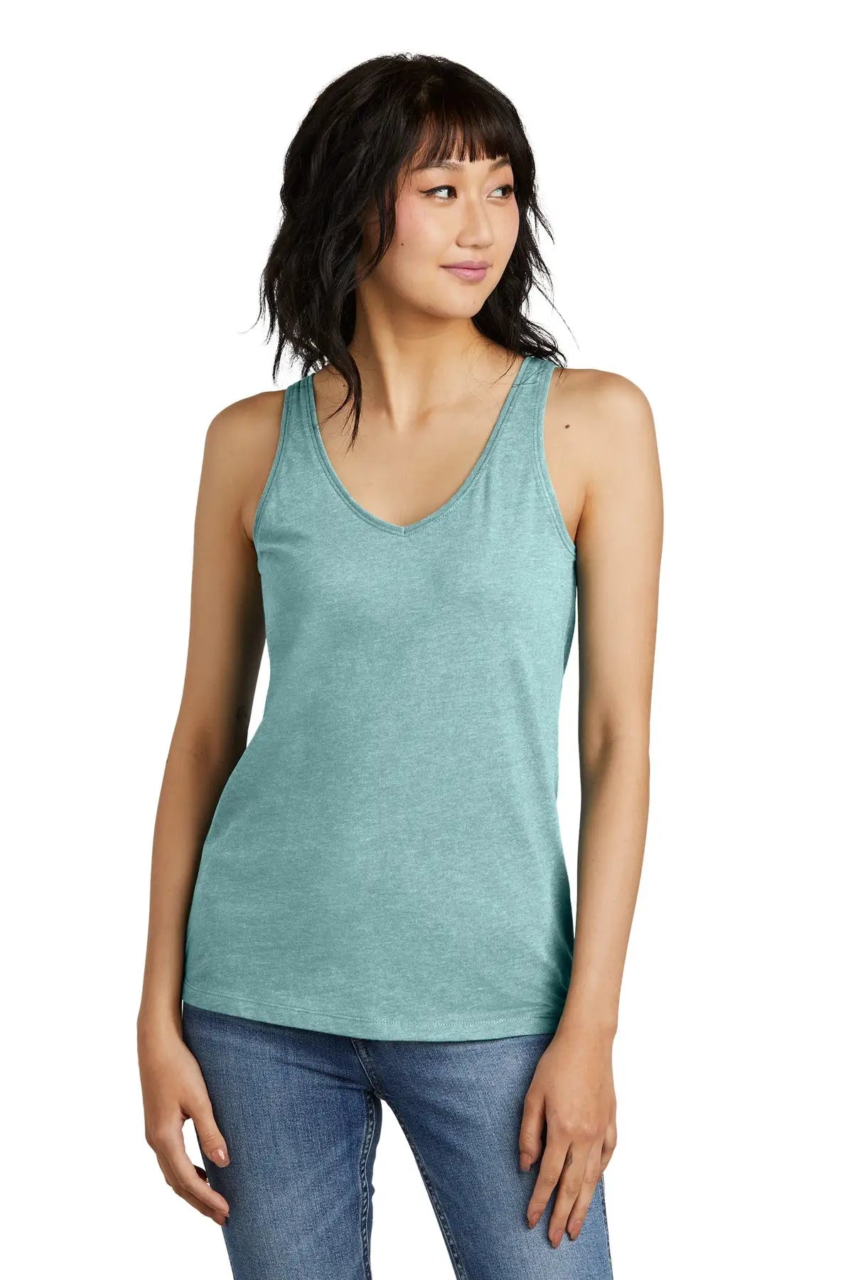 District Dt154 Women’s Perfect Blend Cvc V-neck Tank - Heathered Eucalyptus Blue - Ladies Xs