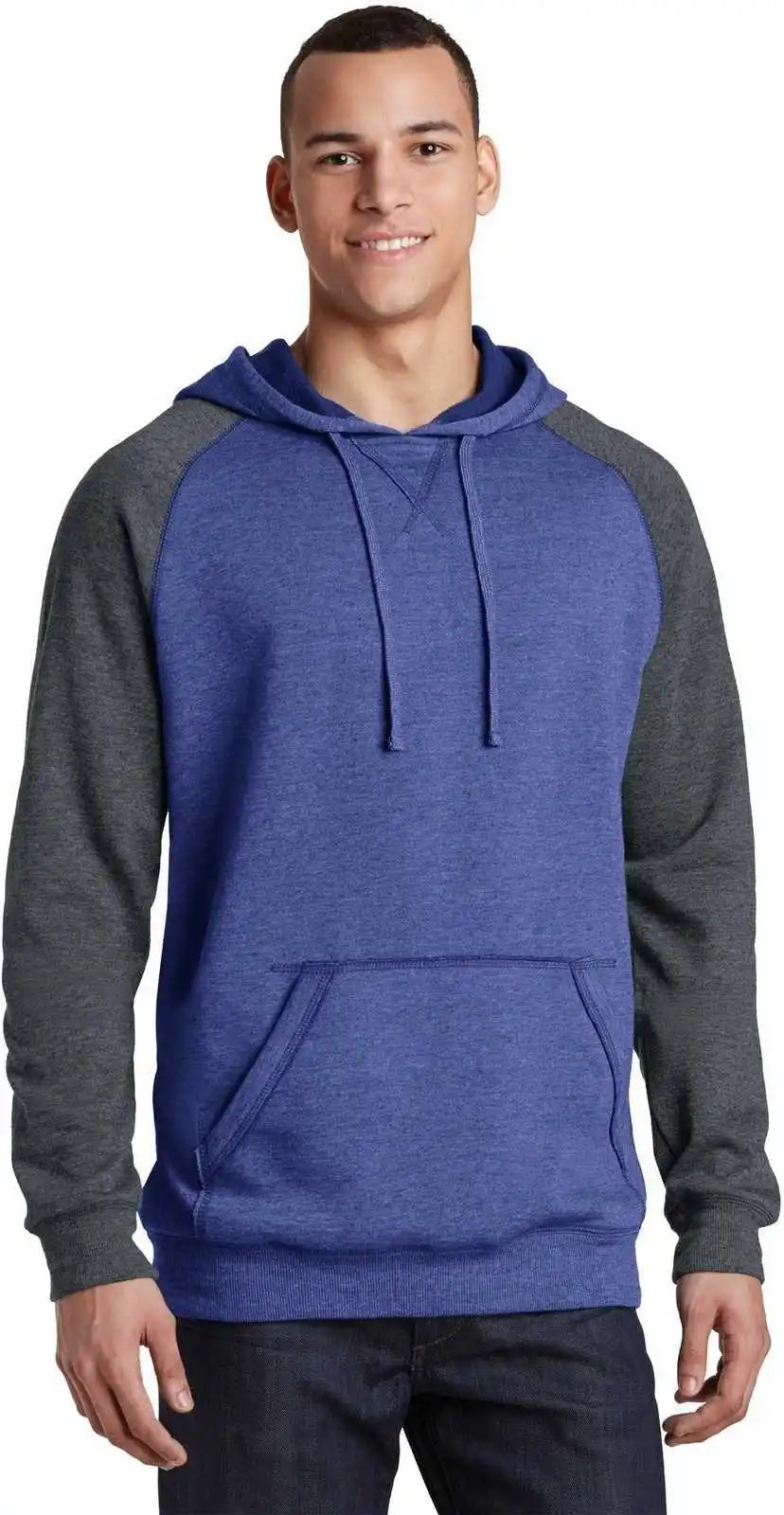 District Dt196 Young Mens Lightweight Fleece Raglan Hoodie Heathered Deep Royal Charcoal