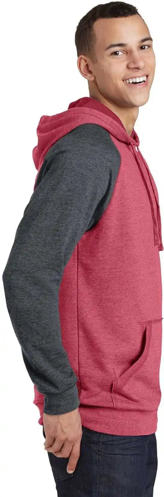 District Dt196 Young Mens Lightweight Fleece Raglan Hoodie - Heathered Red Charcoal