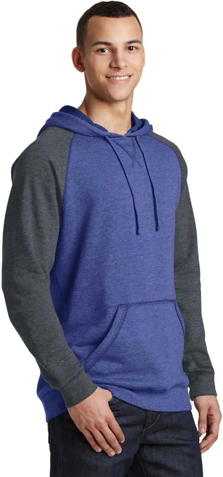 District Dt196 Young Mens Lightweight Fleece Raglan Hoodie Heathered Deep Royal Charcoal