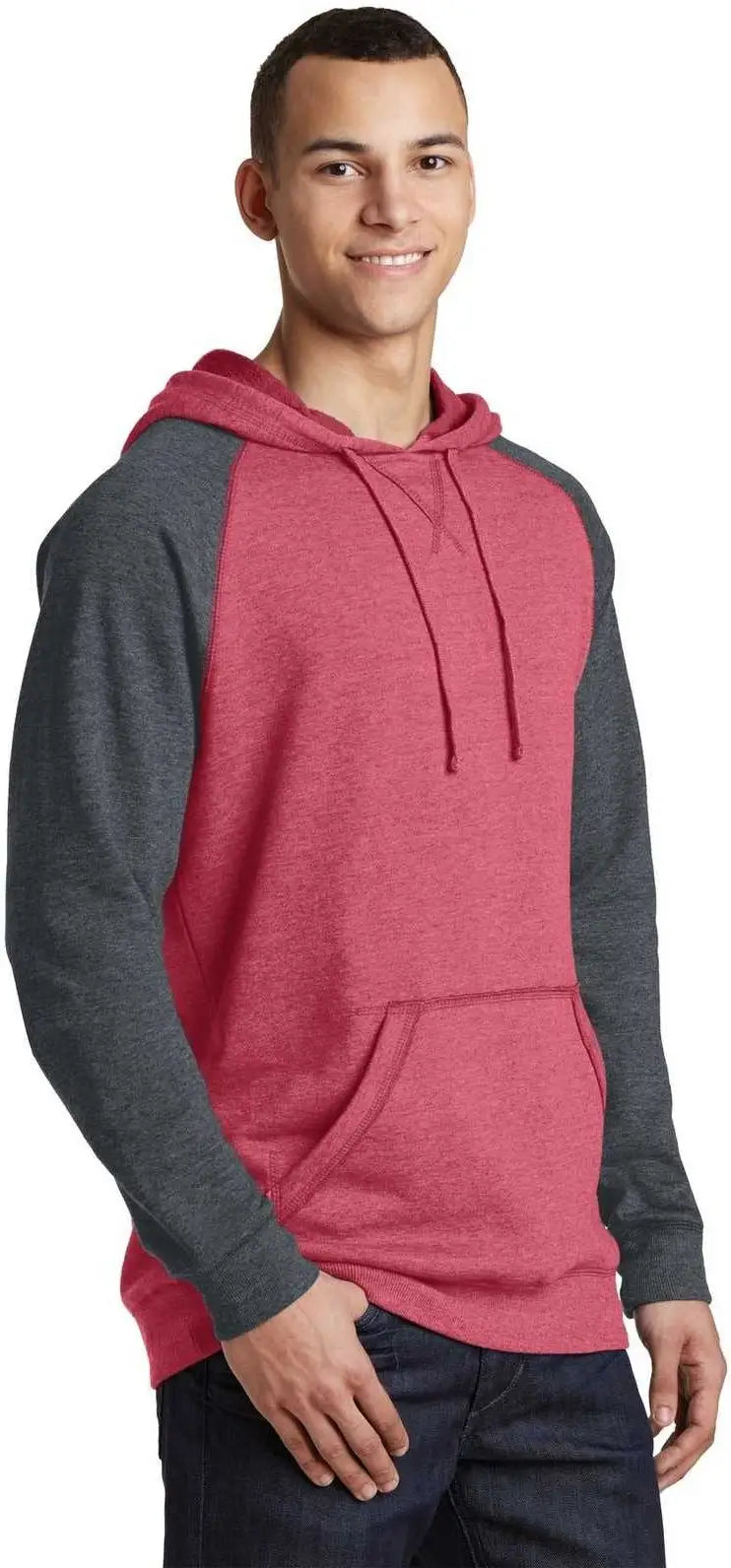 District Dt196 Young Mens Lightweight Fleece Raglan Hoodie - Heathered Red Charcoal