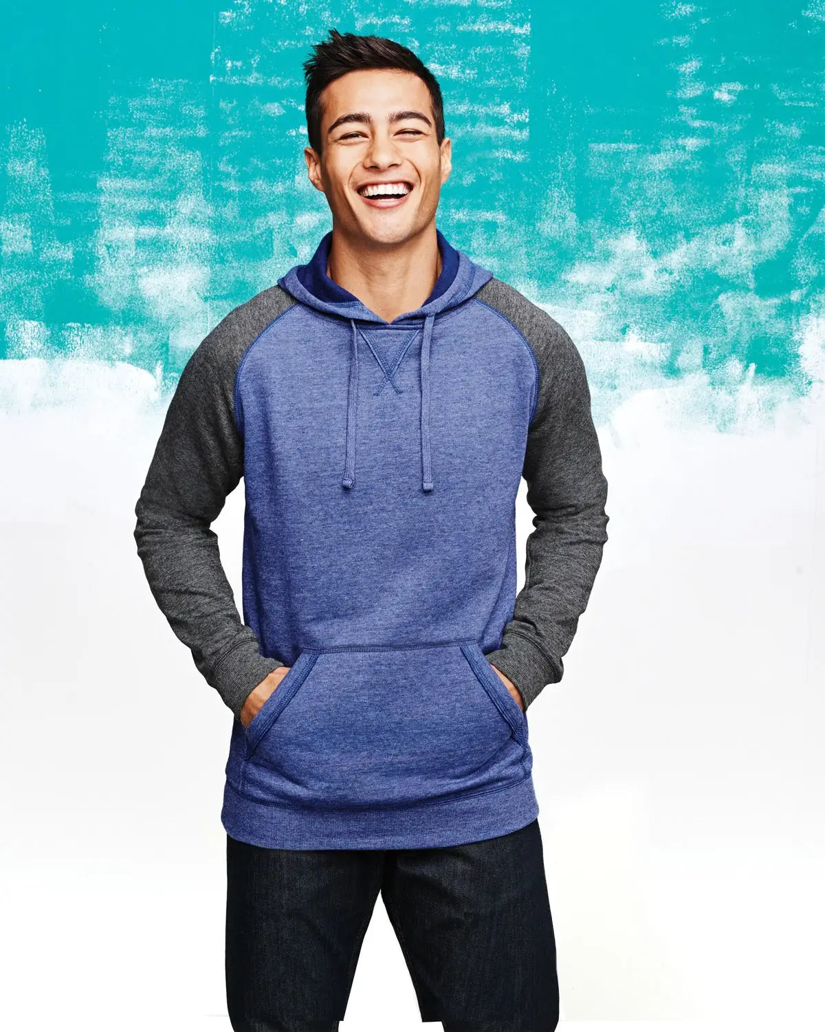 District Dt196 Young Mens Lightweight Fleece Raglan Hoodie - Heathered Gray Charcoal