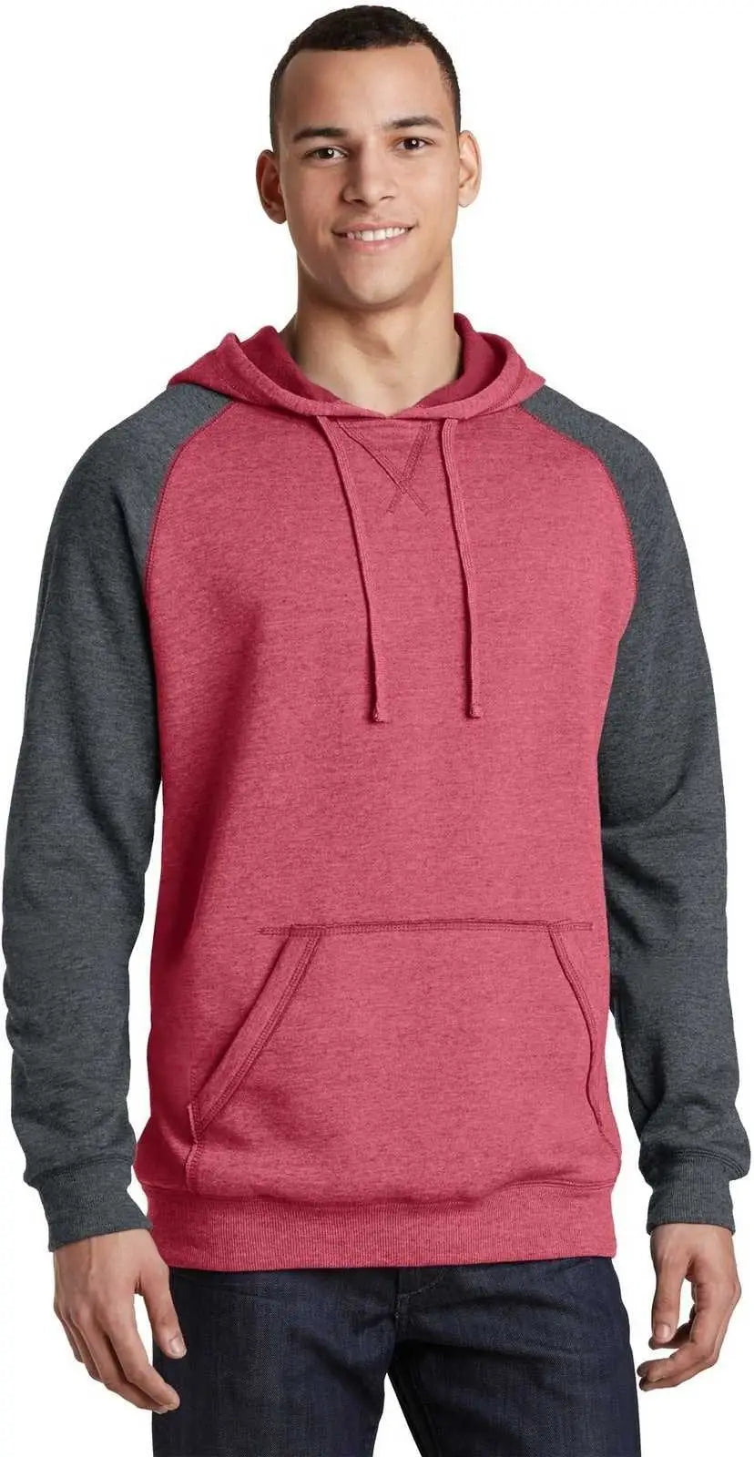 District Dt196 Young Mens Lightweight Fleece Raglan Hoodie - Heathered Red Charcoal