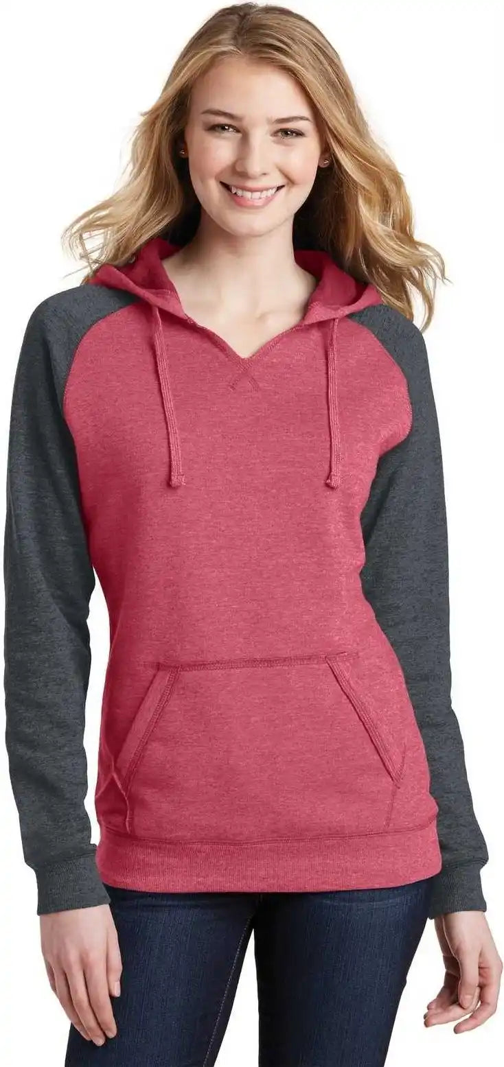 District Dt296 Women’s Lightweight Fleece Raglan Hoodie Heathered Red Charcoal