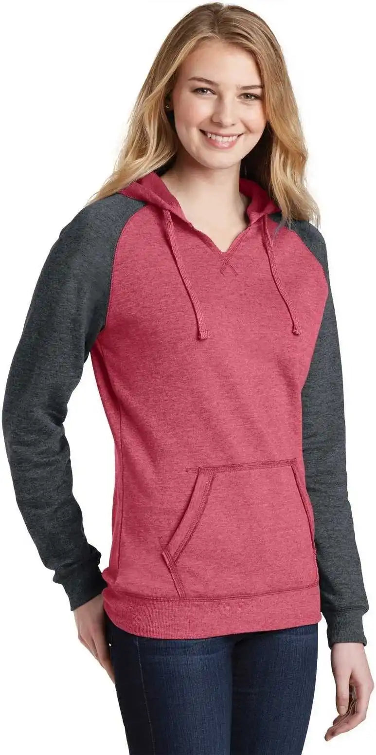 District Dt296 Women’s Lightweight Fleece Raglan Hoodie Heathered Red Charcoal