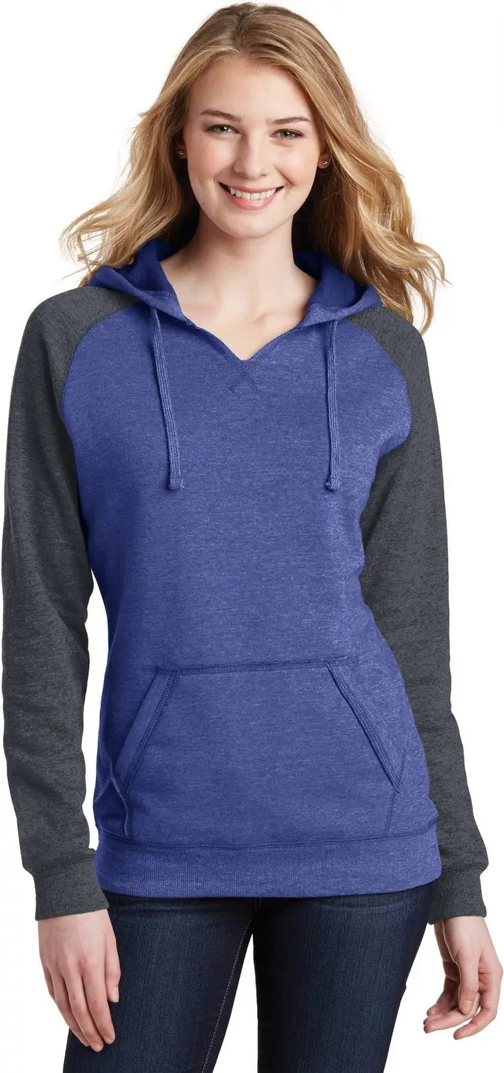 District Dt296 Women’s Lightweight Fleece Raglan Hoodie - Heathered Deep Royal Charcoal - Royal/ / Ladies Xs