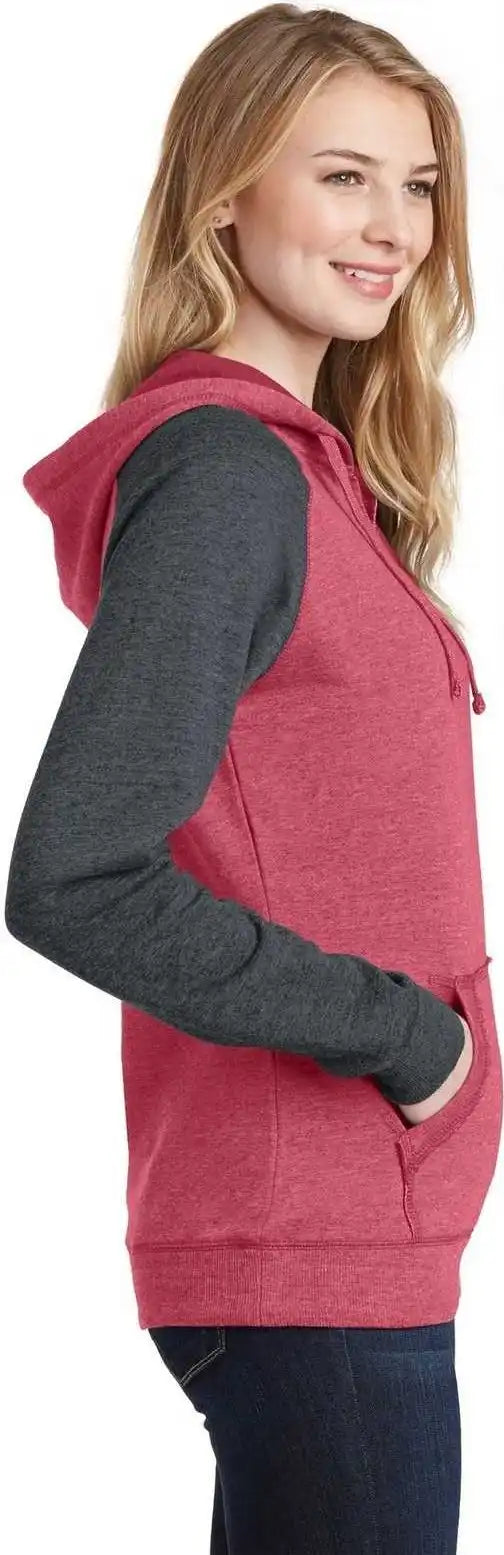 District Dt296 Women’s Lightweight Fleece Raglan Hoodie Heathered Red Charcoal