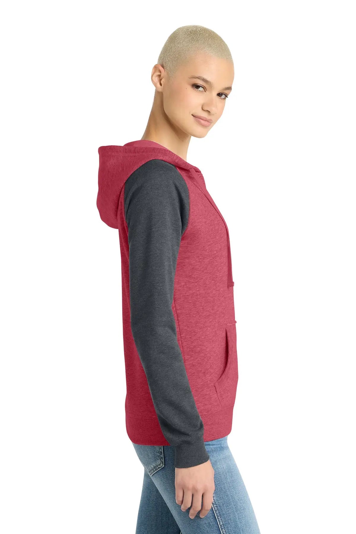 District Dt296 Women’s Lightweight Fleece Raglan Hoodie - Heathered Red Charcoal