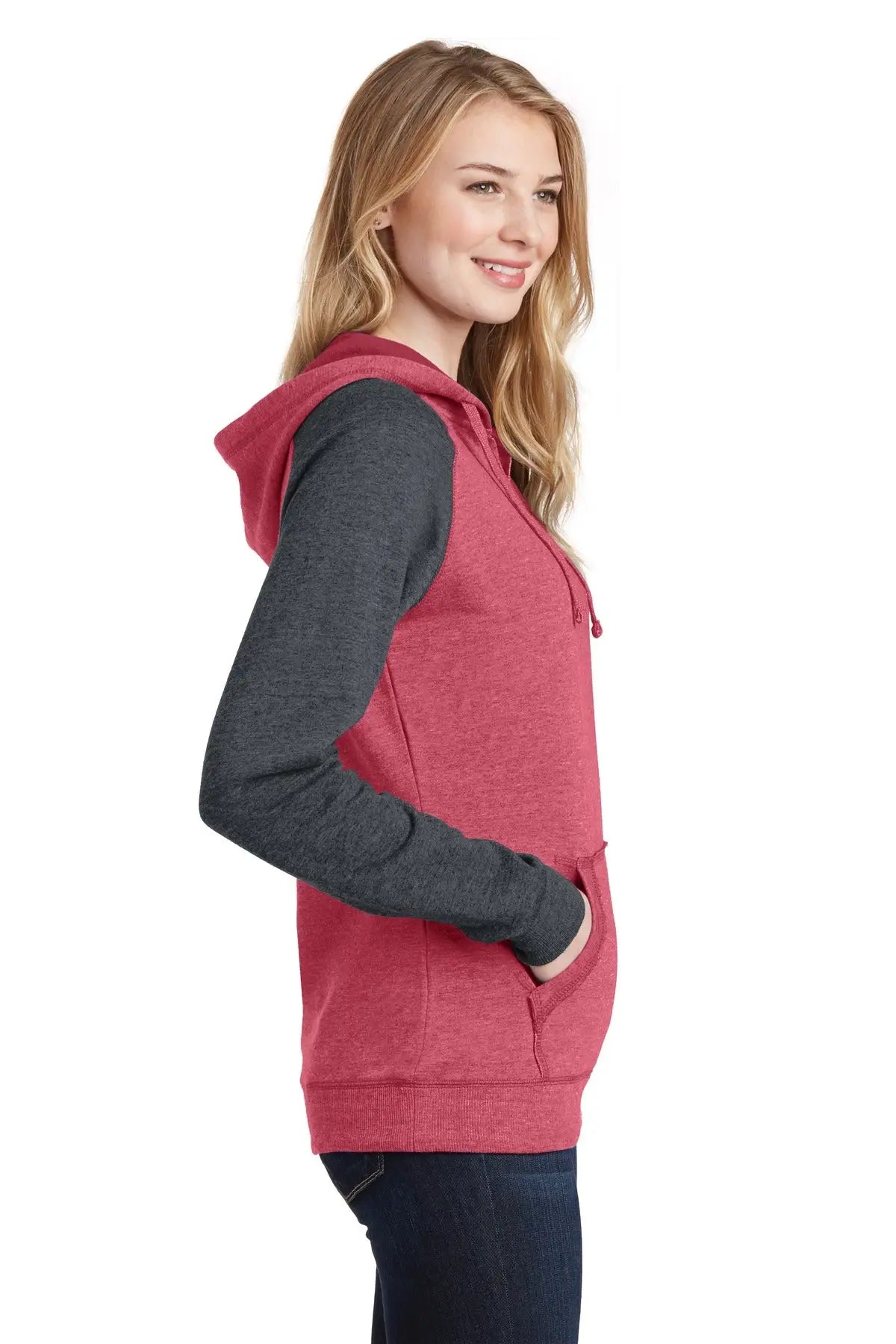 District Dt296 Women’s Lightweight Fleece Raglan Hoodie - Heathered Red Charcoal