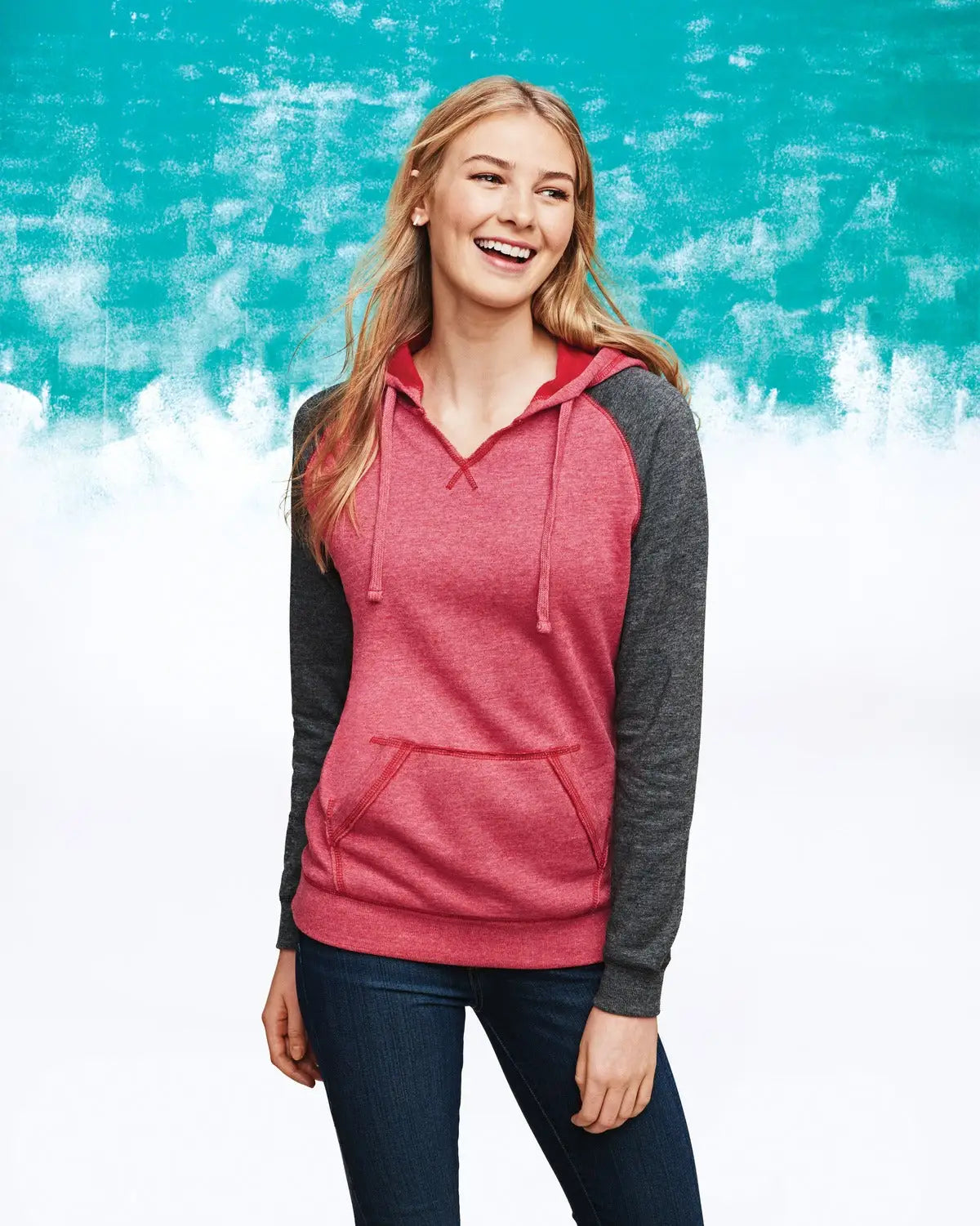 District Dt296 Women’s Lightweight Fleece Raglan Hoodie - Heathered Red Charcoal
