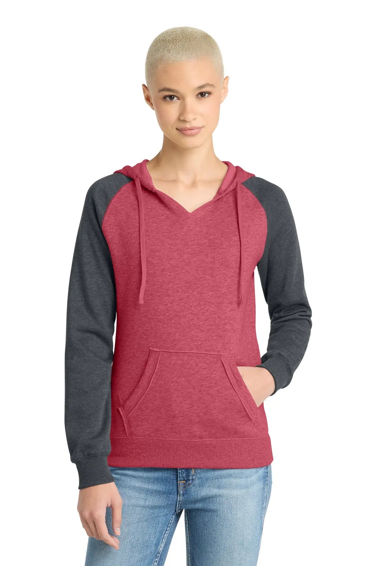 District Dt296 Women’s Lightweight Fleece Raglan Hoodie - Heathered Red Charcoal