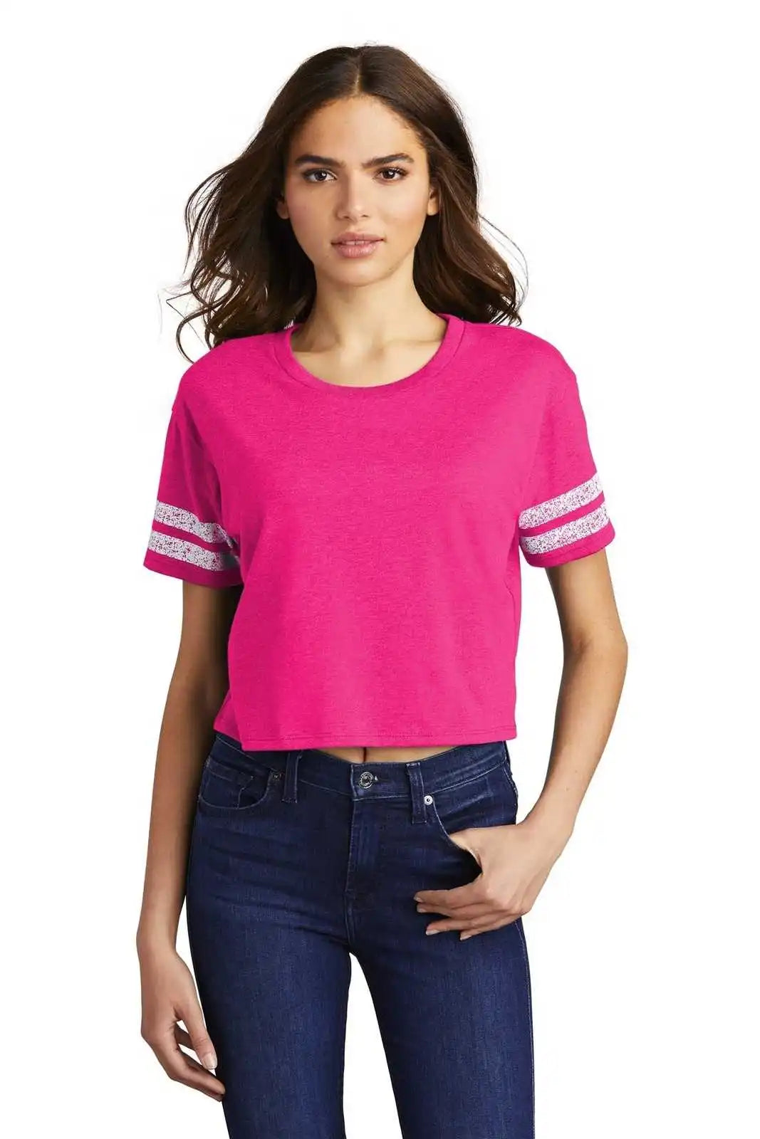 District Dt488 Women’s Scorecard Crop Tee - Heathered Dark Fuchsia White