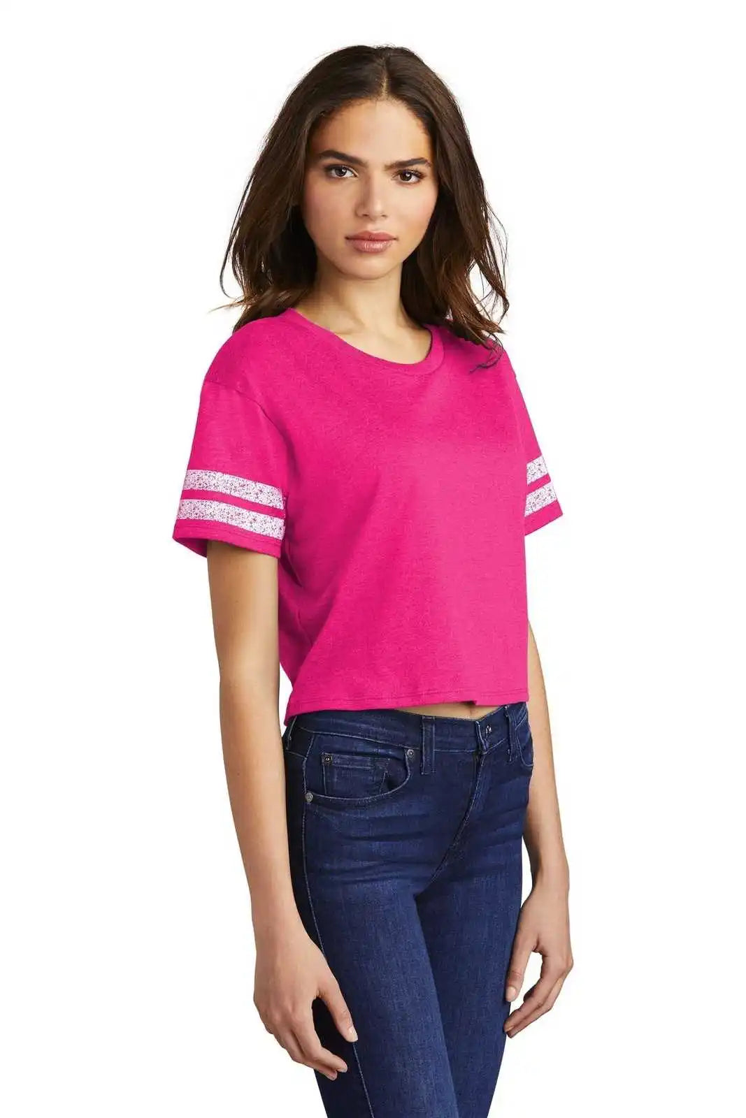 District Dt488 Women’s Scorecard Crop Tee - Heathered Dark Fuchsia White