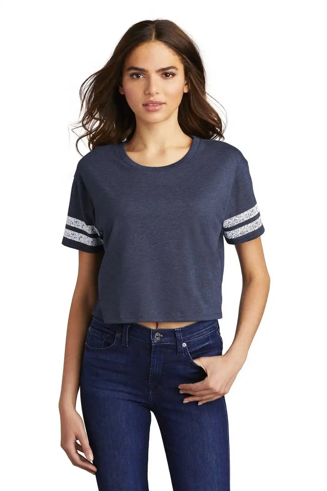 District Dt488 Women’s Scorecard Crop Tee - Heathered True Navy White