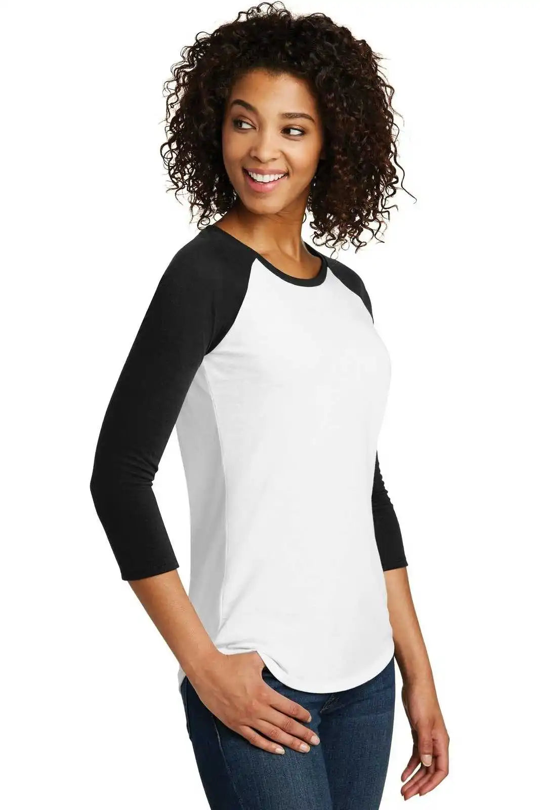 District Dt6211 Women’s Fitted Very Important Tee 3/4-sleeve Raglan - Black White