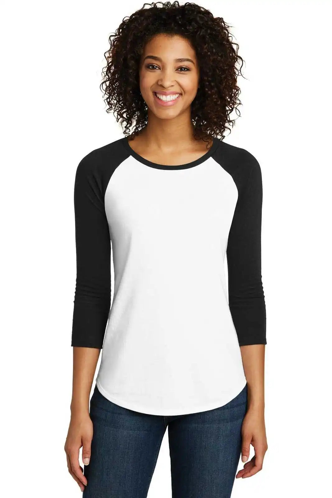 District Dt6211 Women’s Fitted Very Important Tee 3/4-sleeve Raglan - Black White