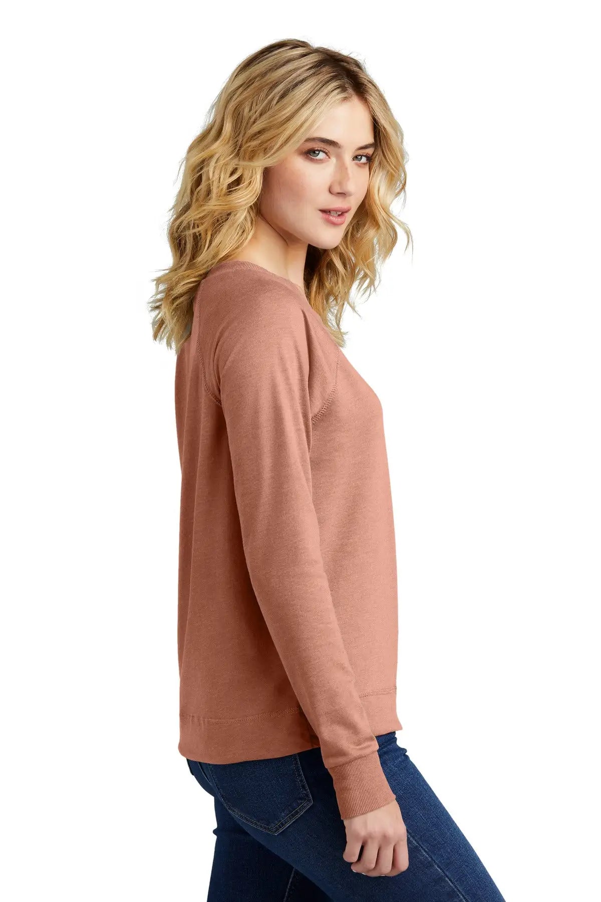 District Dt672 Women’s Featherweight French Terry Long Sleeve Crewneck - Nostalgia Rose Heather