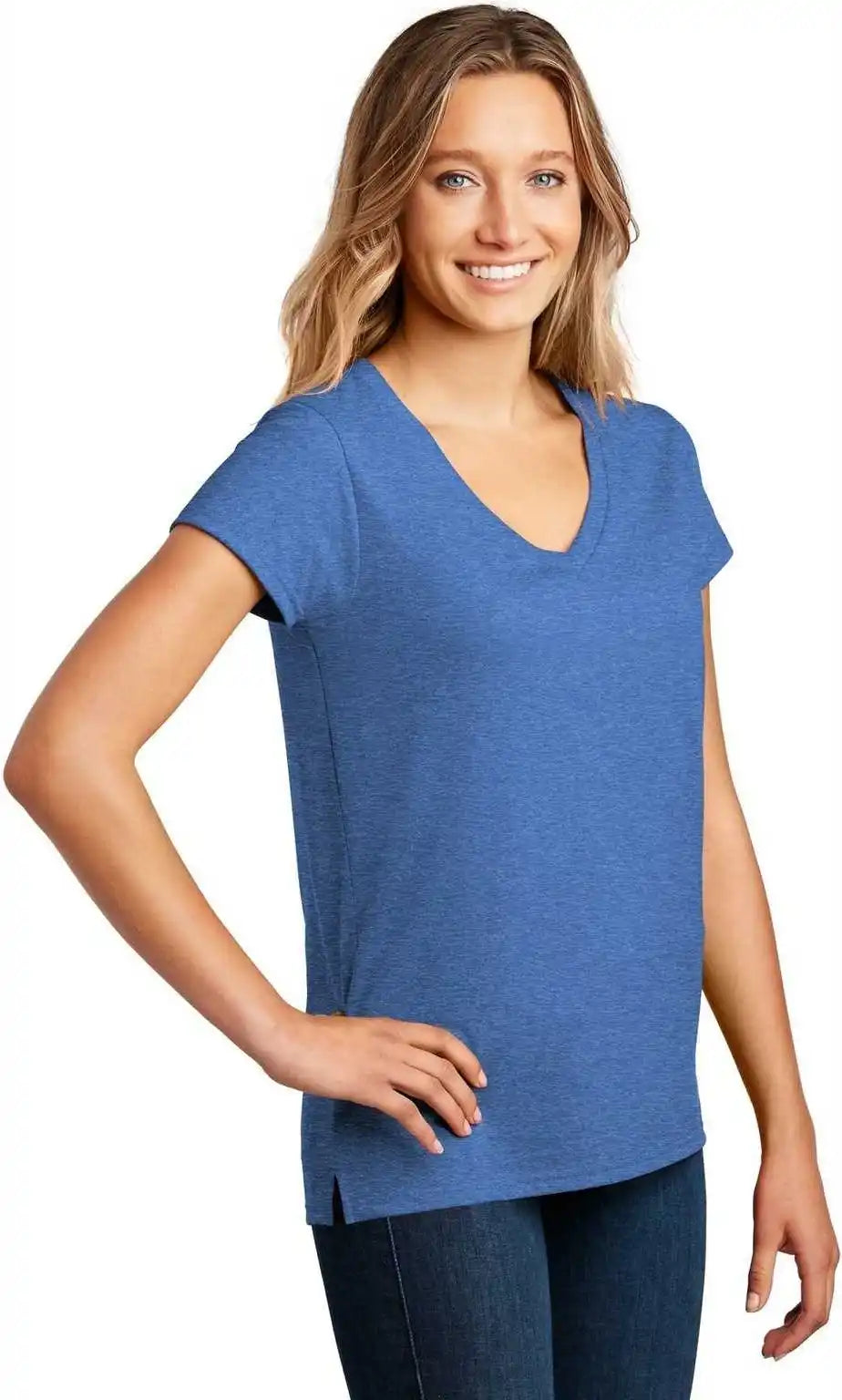 District Dt8001 Womens Re Tee v Neck Blue Heather