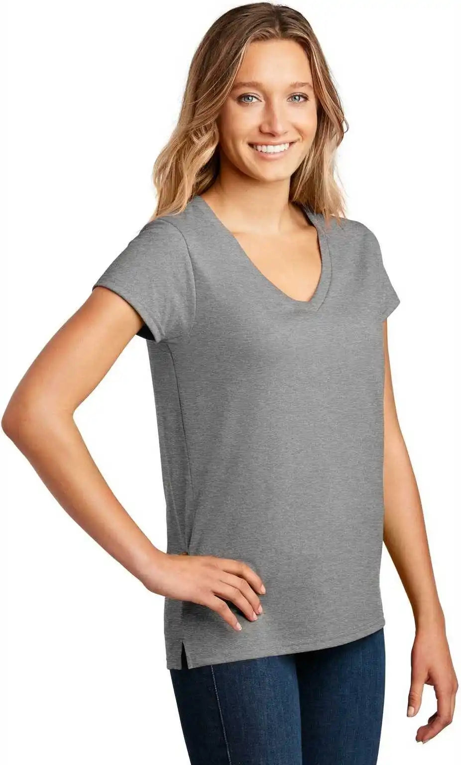 District Dt8001 Womens Re Tee v Neck Light Heather Gray