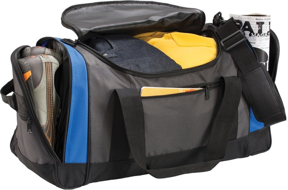 Dk Grey/Red Port Authority Voyager Sports Duffel. BG800