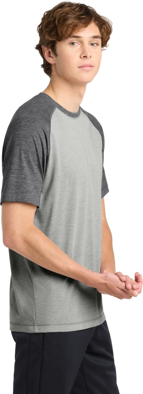 Dk Gry He/LGH Sport-Tek PosiCharge Tri-Blend Wicking Raglan Tee. ST400