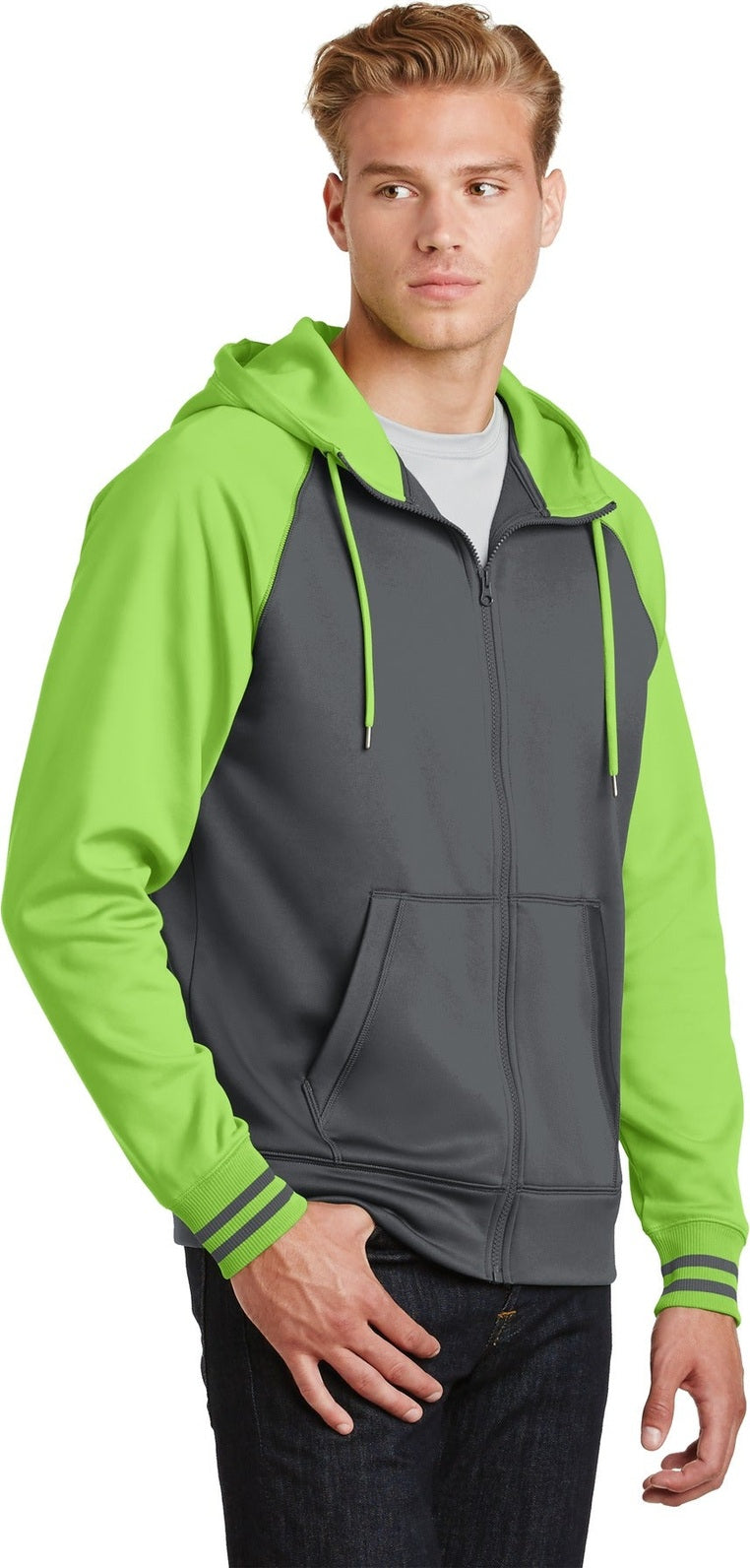 Dk Smk Gry/Lim Sport-Tek Sport-Wick Varsity Fleece Full-Zip Hooded Jacket. ST236