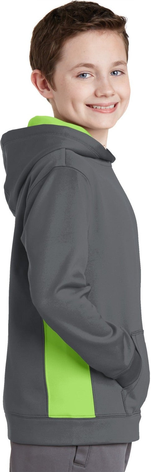 Dk Smk Gry/Lim Sport-Tek Youth Sport-Wick Fleece Colorblock Hooded Pullover. YST235