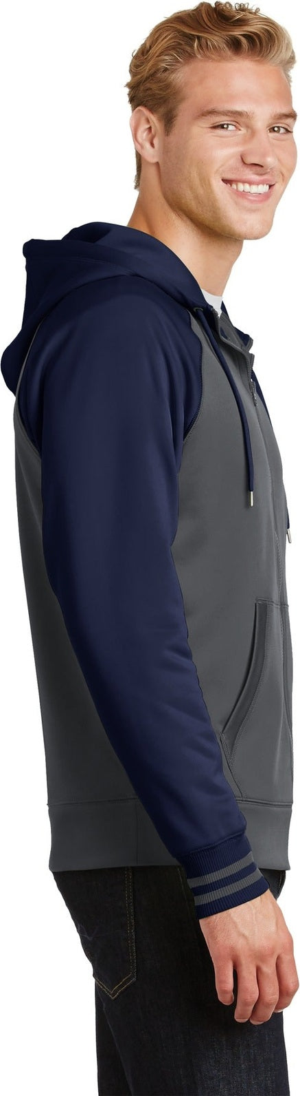 Dk Smk Gry/Nvy Sport-Tek Sport-Wick Varsity Fleece Full-Zip Hooded Jacket. ST236