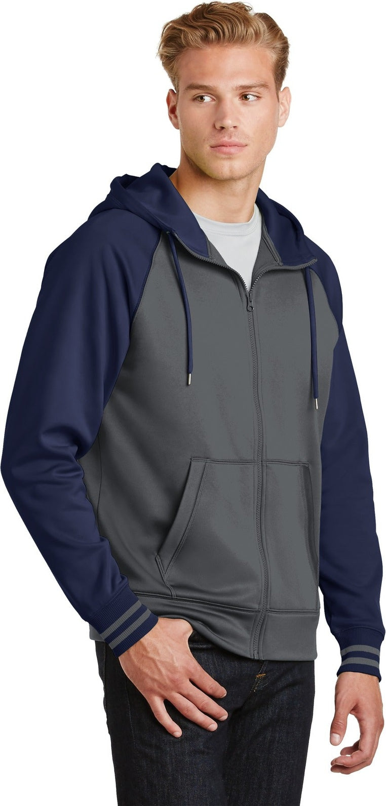 Dk Smk Gry/Nvy Sport-Tek Sport-Wick Varsity Fleece Full-Zip Hooded Jacket. ST236