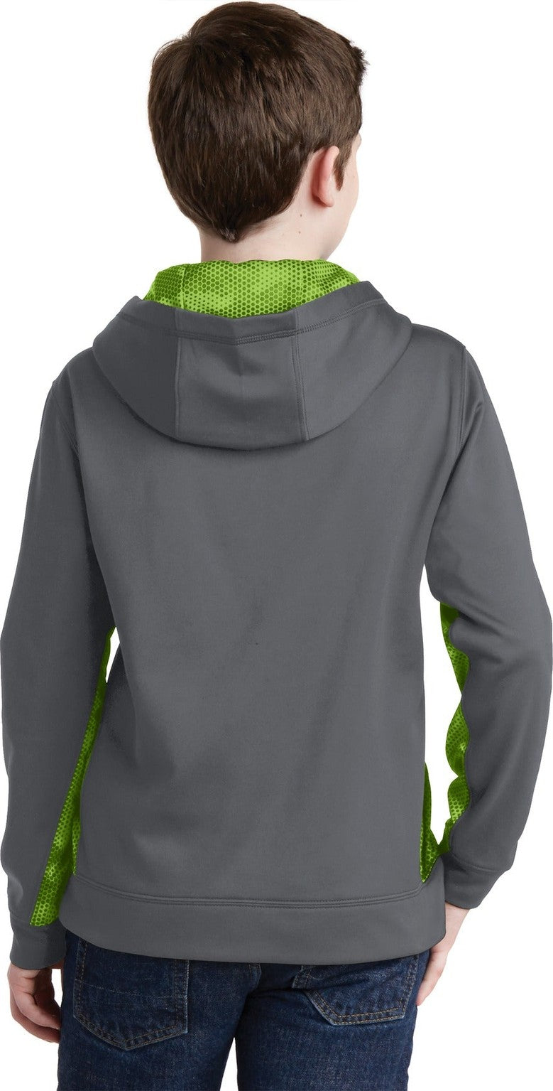 Dk Smk Gy/Lime Sport-Tek Youth Sport-Wick CamoHex Fleece Colorblock Hooded Pullover. YST239
