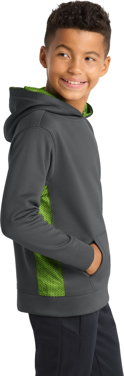 Dk Smk Gy/Lime Sport-Tek Youth Sport-Wick CamoHex Fleece Colorblock Hooded Pullover. YST239
