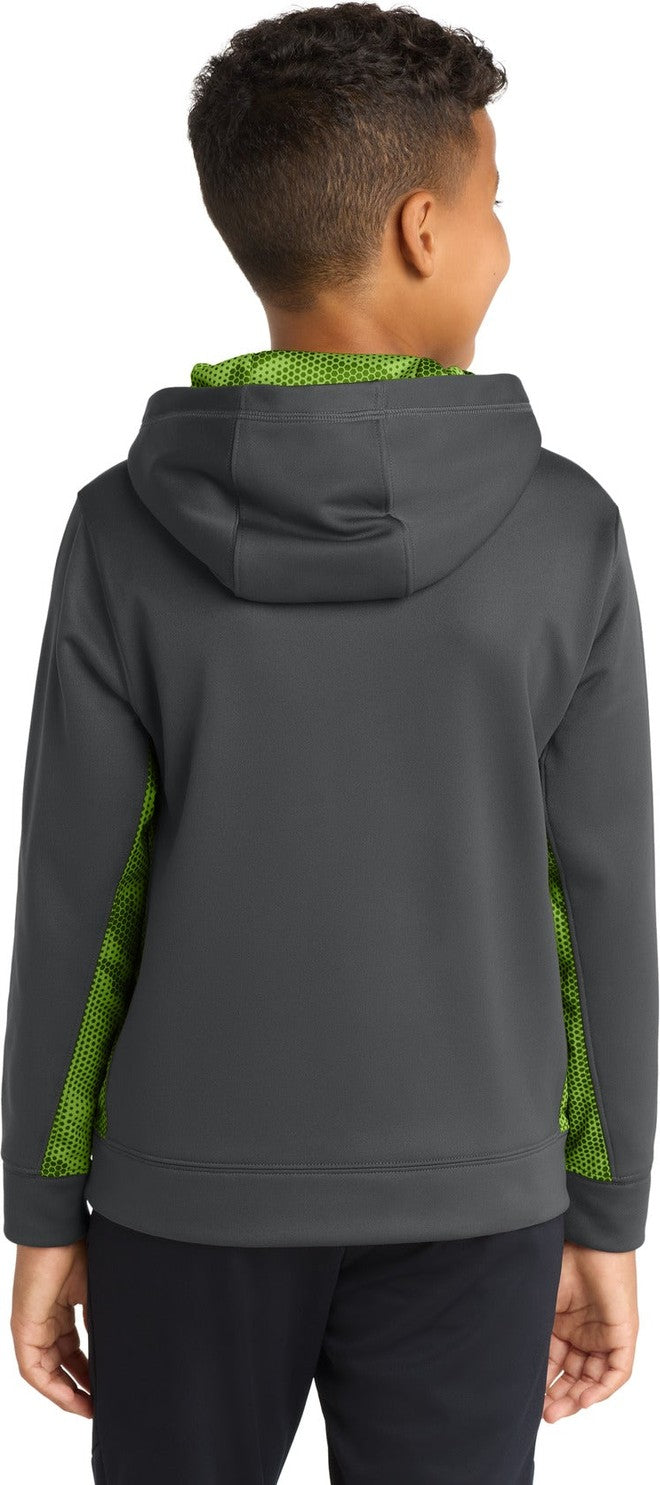 Dk Smk Gy/Lime Sport-Tek Youth Sport-Wick CamoHex Fleece Colorblock Hooded Pullover. YST239