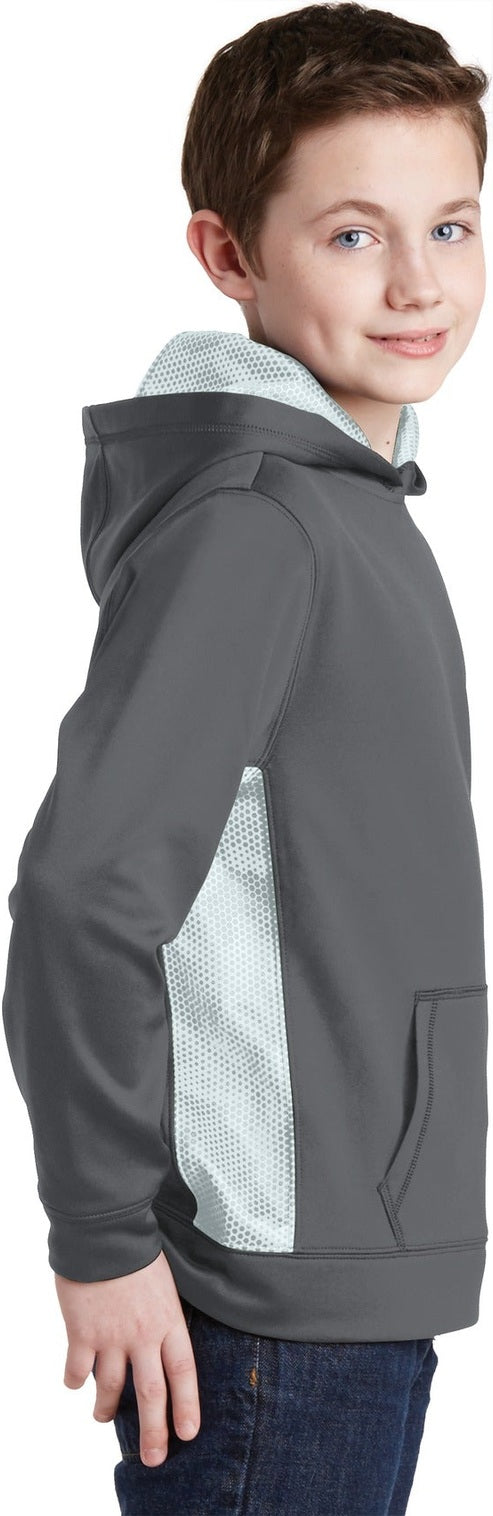 Dk Smk Gy/Wht Sport-Tek Youth Sport-Wick CamoHex Fleece Colorblock Hooded Pullover. YST239