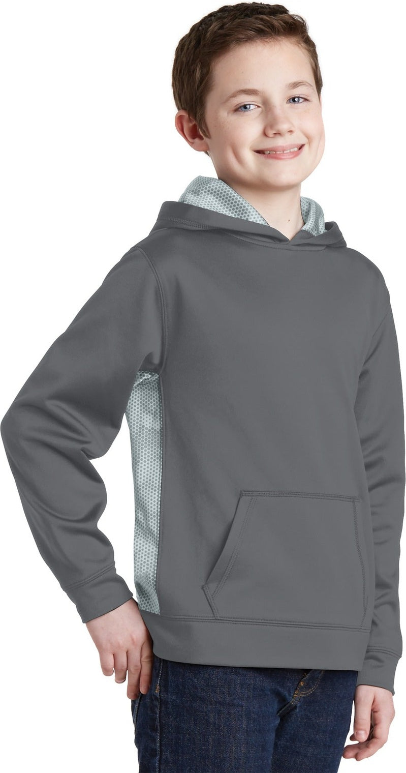 Dk Smk Gy/Wht Sport-Tek Youth Sport-Wick CamoHex Fleece Colorblock Hooded Pullover. YST239