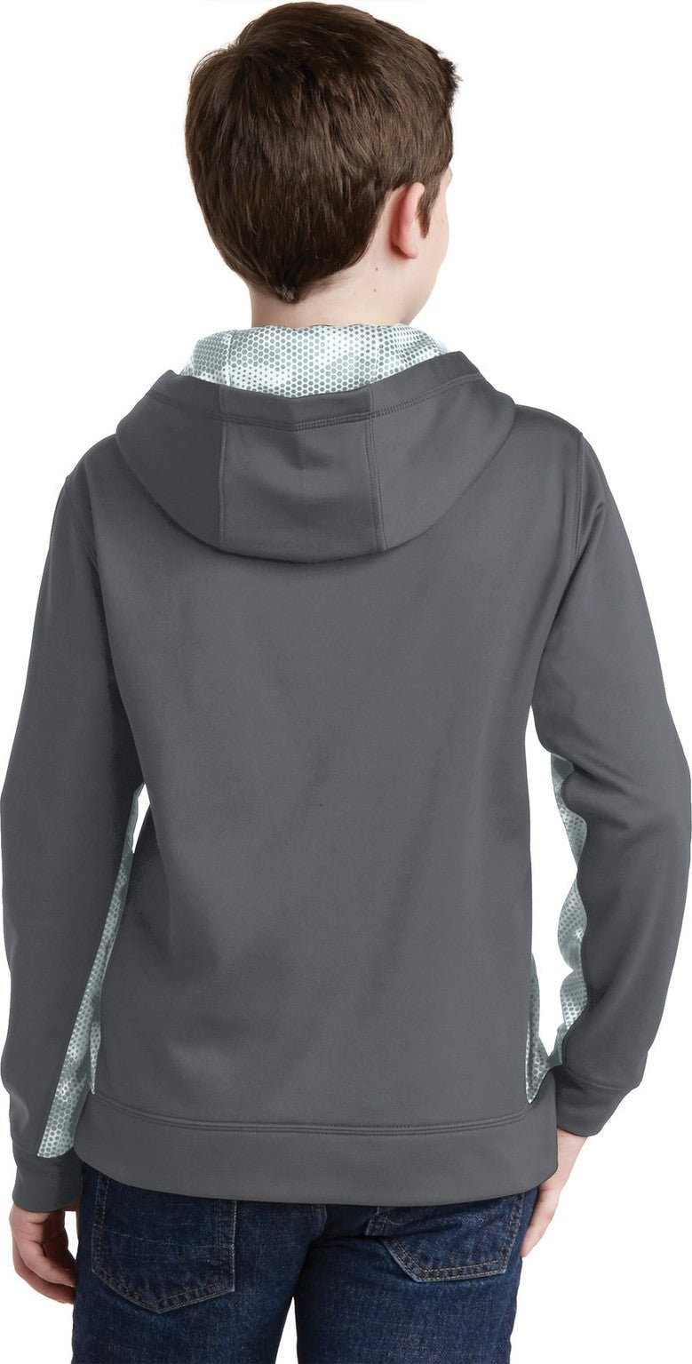Dk Smk Gy/Wht Sport-Tek Youth Sport-Wick CamoHex Fleece Colorblock Hooded Pullover. YST239