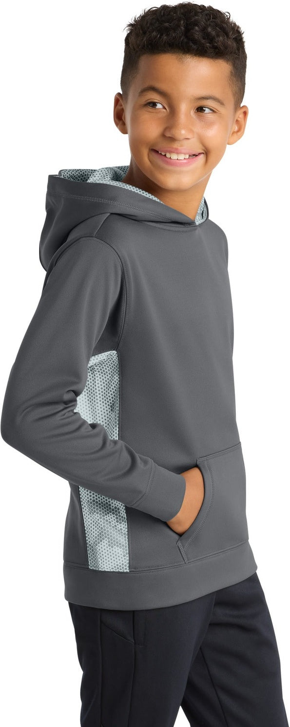 Dk Smk Gy/Wht Sport-Tek Youth Sport-Wick CamoHex Fleece Colorblock Hooded Pullover. YST239