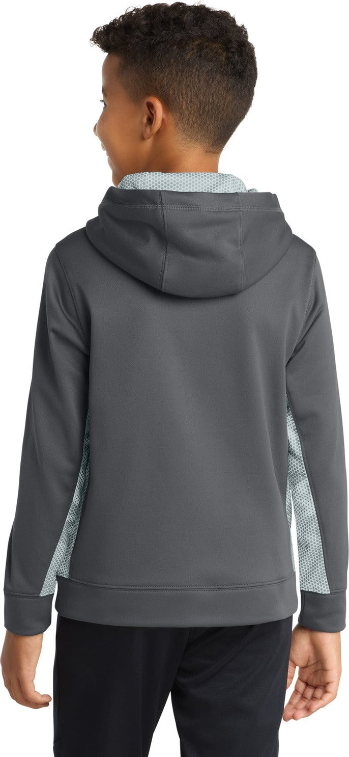 Dk Smk Gy/Wht Sport-Tek Youth Sport-Wick CamoHex Fleece Colorblock Hooded Pullover. YST239